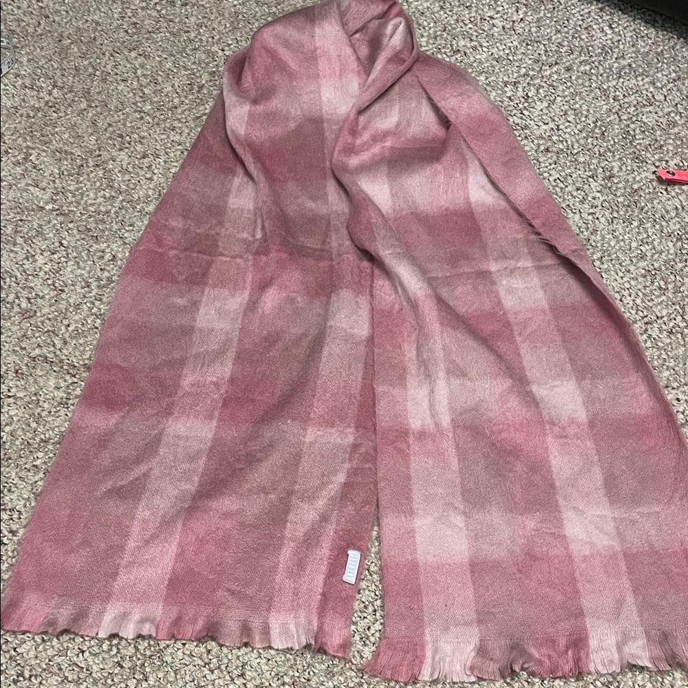 Pokoloko Pink Plaid alpaca blend long Scarf with fringe hem